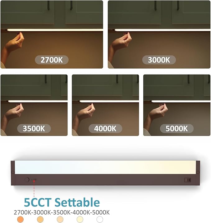 Leetdud Under Cabinet Lighting Plug in or Hardwired Built-in Dimmer, 18 Inch 9W, 5CCT 2700/3000/3500/4000/5000K, Linkable Counter Lights for Kitchen, ETL Dimmable LED Light Fixture, Bronze