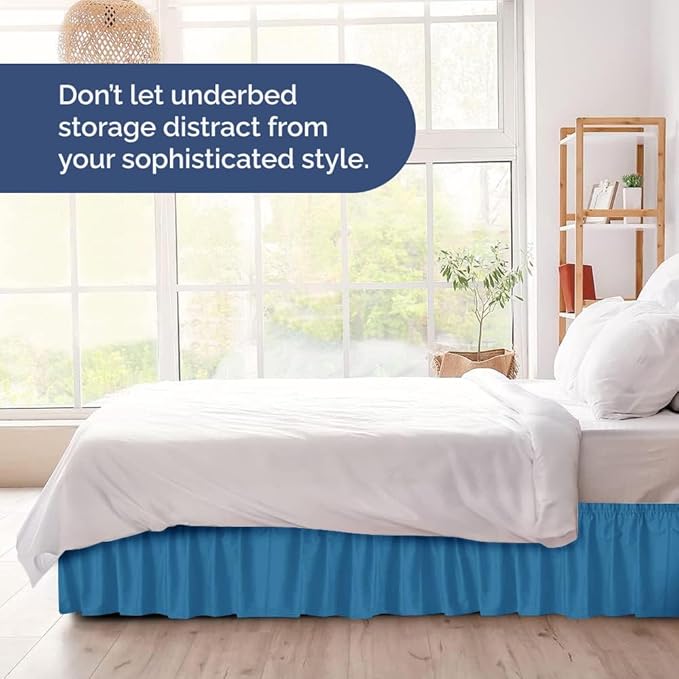 Wrap Around Dust Ruffle Bed Skirt - Denim Blue - for King Size Beds with 12 Inch Drop - Elastic Strap - Adjustable Pleated Bedskirt with Brushed Fabric and Wrinkle Free - for Women, Men, Kids & Teens