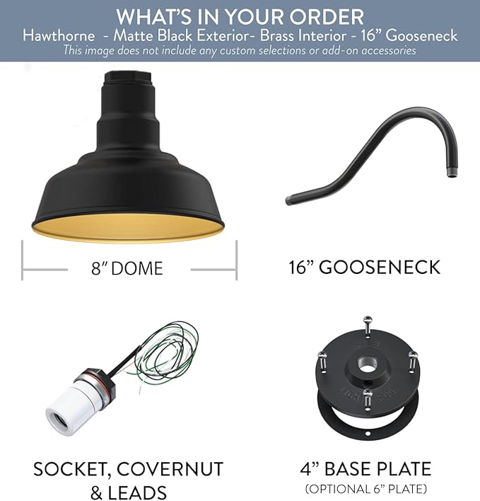 Steel Lighting Co. Hawthorne Barn Light | Outdoor Wall Mounted | 8 inch Dome | 16 inch Gooseneck| Small Farmhouse Light Made in America | Matte Black Exterior/Brass Interior