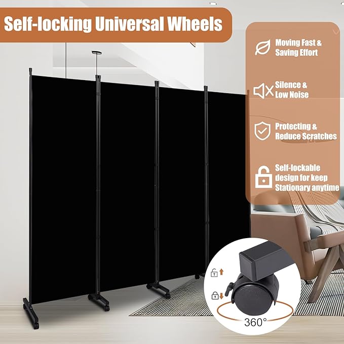 Room Divider 88'' Wide Folding Privacy Screens, 4 Panel Wall Divider w/Wheel | - Image 2