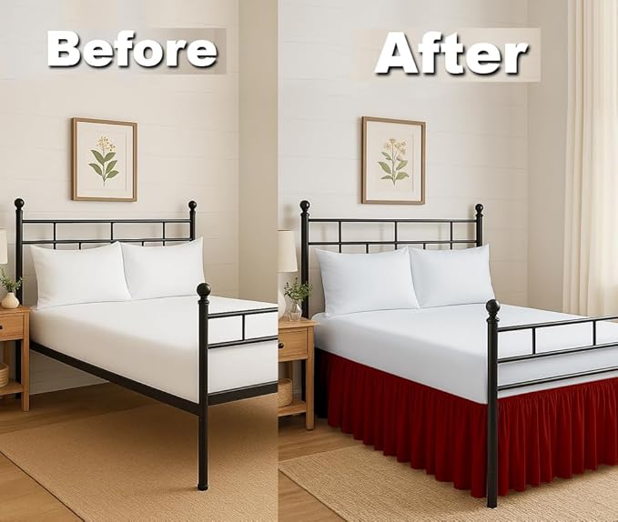 Ruffled Bed Skirt Split Corners with Platform, Tailored Fit Hotel Quality Wrinkle Free Ultra-Soft Microfiber Dust Ruffle, Upto 16 Inch Drop, Full XL, Burgundy