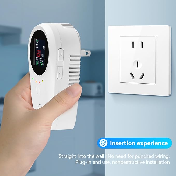 Rechargeable 5-in-1 Carbon Monoxide & Natural Gas Detectors with Temperature/Humidity LCD Display & 2000mAh Lithium-ion Battery, Portable Plug in Co Detector for Home Travel RV Essentials, 1PCS