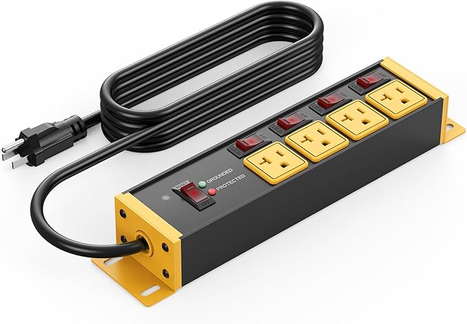 CCCEI Heavy Duty Surge Protector Power Strip 20 Amp Individual Switches. 15FT 12 Gauge Extension Cord with Multiple Outlets. Kitchen, Garage, Shop, Industrial Wall Mount Electric Extender, Yellow.