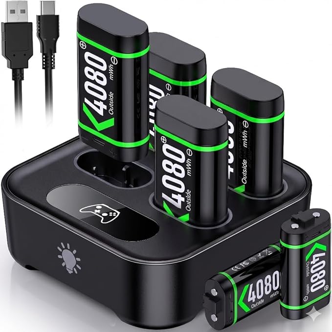 NinjajoyOX Batteries Cases and Storage Sets with Charger Dock for Xbox, 6-Pack Rechargeable Battery Pack for Xbox Series X|S/Xbox One/Elite, 4-Slot Controller Charger Station with Light Touch Control