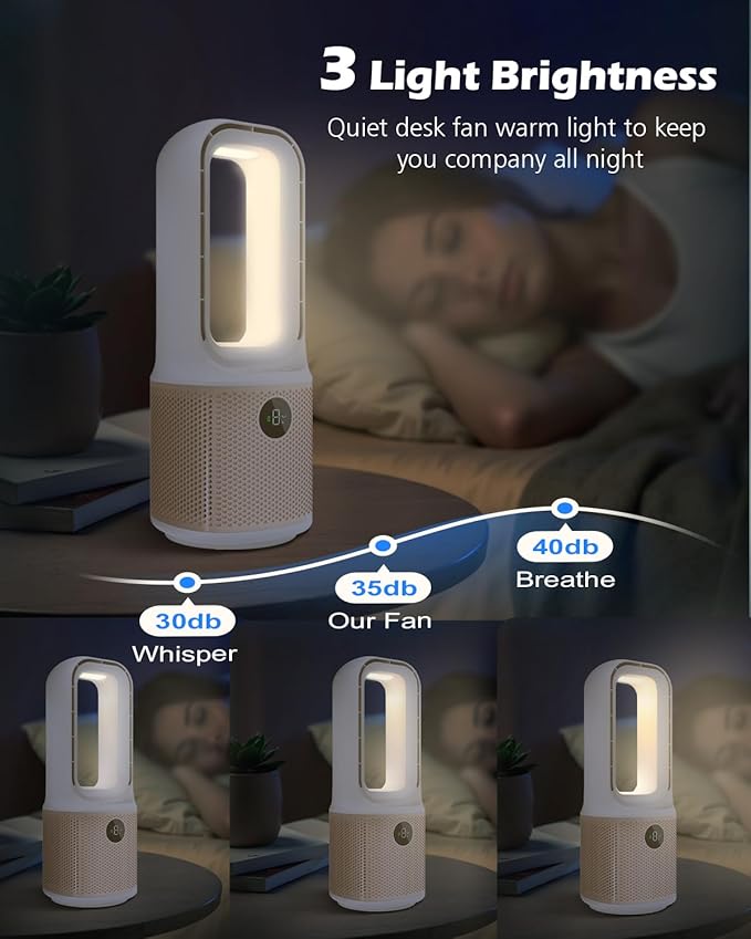 MEIIS Desk Fan, Small Quiet Bladeless Fan with 9 Speed Adjustment & 3 Light Modes, 14 Inch USB Rechargeable with 5000mAh Battery, 60° Oscillating Cooling Fans for Office, Living Room, Bedroom White