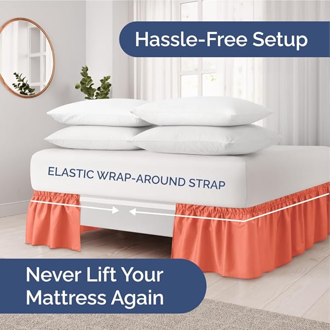 Wrap Around Dust Ruffle Bed Skirt - Coral - for King Size Beds with 24 Inch Drop - Easy Fit Elastic Strap - Adjustable Pleated Bedskirt w/Brushed Fabric - Wrinkle Free - for Women, Men, Kids & Teens