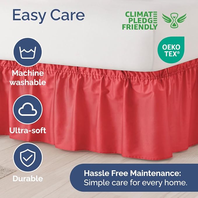 Wrap Around Dust Ruffle Bed Skirt - Red - for King Size Beds with 18 Inch Drop - Easy Fit Elastic Strap - Adjustable Pleated Bedskirt w/Brushed Fabric - Wrinkle Free - for Women, Men, Kids & Teens