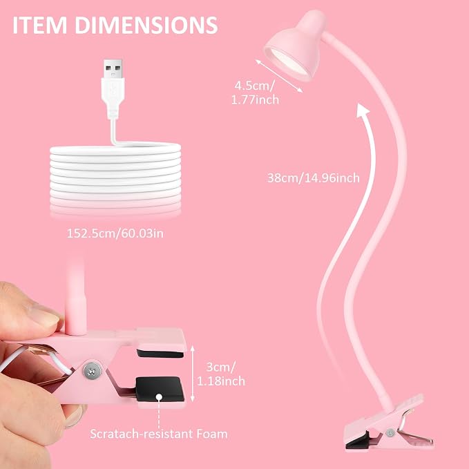 Pink Small Desk Lamp Clip on Reading Light - Image 5