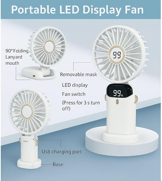 AMPMG LED Digital Display Rechargeable Fan – Portable Handheld & Desk Fan with Adjustable Speeds, USB Charging, Quiet Operation, and Base Stand for Home, Office, Travel and Outdoor Use (White)