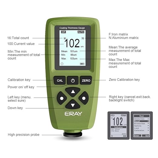 Mil Thickness Gauge, Coating Thickness Gauges, ERAY Paint Depth Gauge Meter with Backlight LCD Display for Car Automotive, Limit Alarm/Data Storage/Export Data/PC Software Analysis (Green)