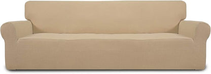 Easy-Going Stretch 4 Seater Sofa Slipcover 1-Piece Sofa Cover Furniture Protector Couch Soft with Elastic Bottom for Kids, Polyester Spandex Jacquard Fabric Small Checks Sand