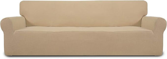 Easy-Going Stretch 4 Seater Sofa Slipcover 1-Piece Sofa Cover Furniture Protector Couch Soft with Elastic Bottom for Kids, Polyester Spandex Jacquard Fabric Small Checks Sand
