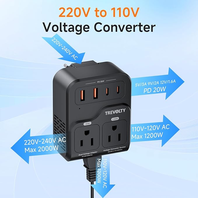 TREVOLTY 2000W Voltage Converter US to Europe, 220V to 110V Converter for Hair Dryer, 7-in-1 European Travel Plug Adapter with 3AC/2USB-A/2USB-C (PD20W), Travel Essentials with US/JP/FR/DE/UK/AU/EU