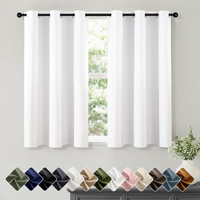 Short Pure White Blackout Kitchen Curtain W40 x L45 Inch 2 Panels | Thermal by Woaboy