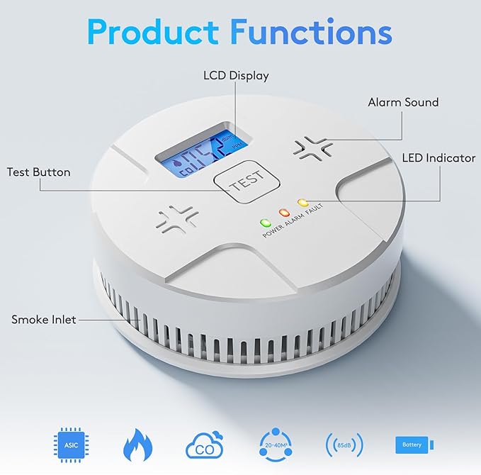 2 in 1,Combination Smoke and Carbon Monoxide Alarm,Detect CO,85 dB Alert,LCD Digital Readout,with 3 * 1.5V AA Batteries,Low Battery Warning,Self Test Button,Easy Installation and Maintenance