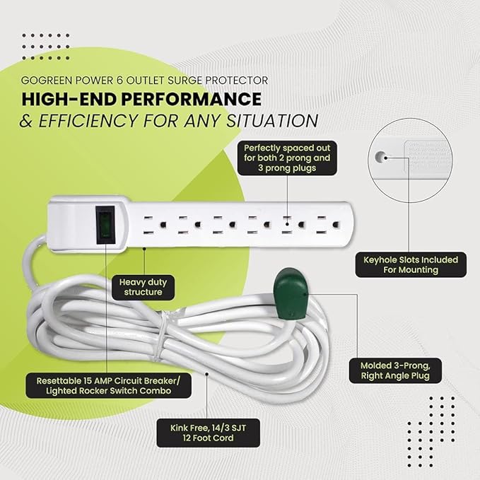GoGreen Power Inc. (G-16103M-12-2) 6 Outlet Surge Protector, 12FT Cord, White, 2 Pack