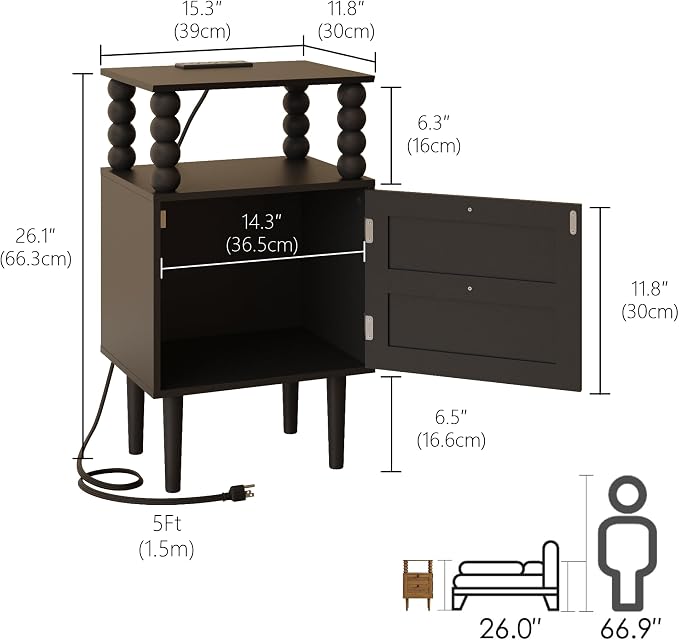 Black Nightstand with Outlet, Storage Drawer and Open Wood Shelf, Wood Legs | - Image 2