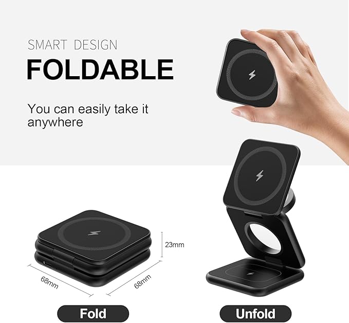 KU XIU X40 Foldable Magnetic Wireless Charger, 3-in-1 Charging Station for iPhone 17/16/15/14/13/12 & iPhone Air, 5W Fast Charging for Apple Watch S11–4/SE/Ultra 3/2/1, AirPods 4/3/2/Pro – Black