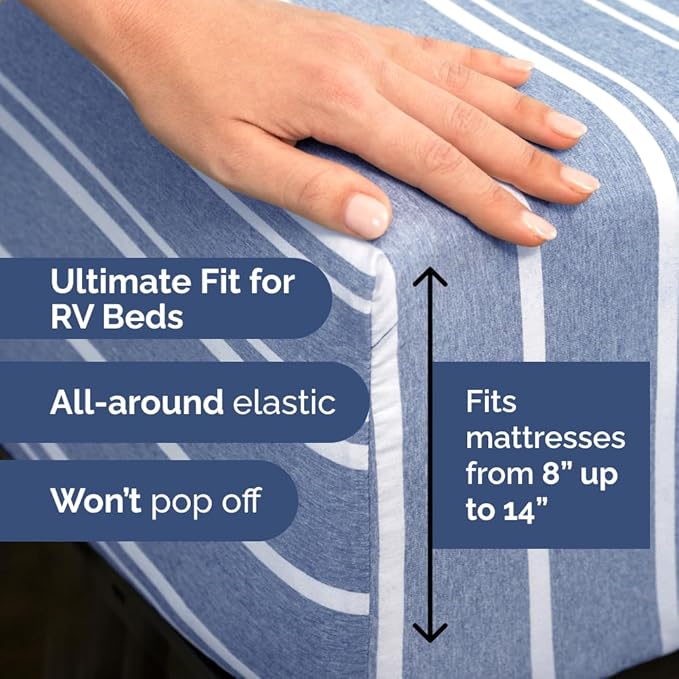 RV Short Queen Sheet Set 60 X 75 - 4 Piece RV Short Queen Bed Sheets - Soft, Breathable & Cooling - Designed for Bunks, Trailers & Campers - Fits 8” to 12" Mattress - Luxury Bedding - Blue Stripes 3