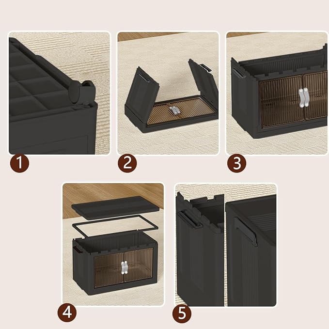 Stackable Storage Bins with Lid & Wheel, Folding Storage Cabinet with Door, Large Foldable Containers Plastic Collapsible Storage Boxes for Home, Pantry, Office (M, Gray 4-Tier)