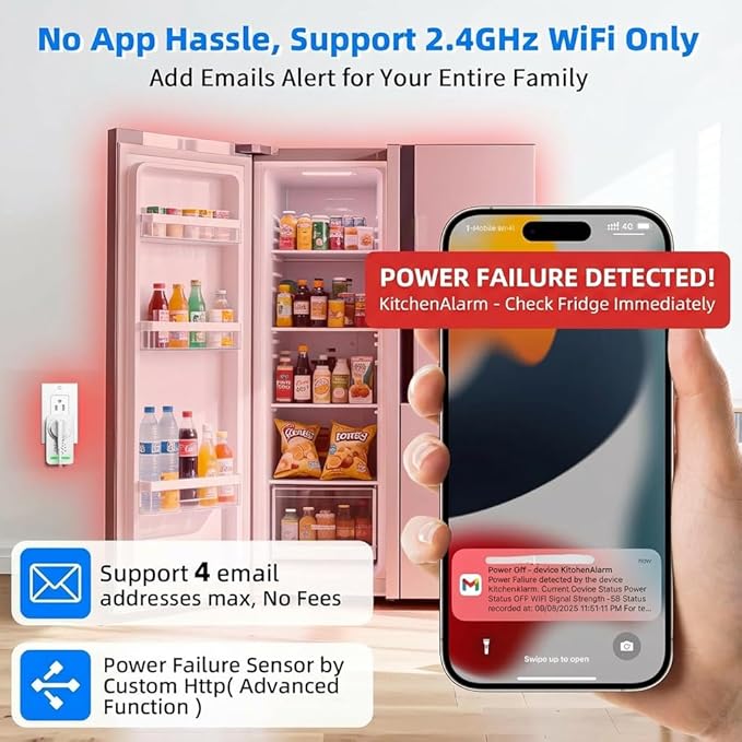 Power Failure Alarm WiFi with 4 Email Addresses, Loud 120dB Smart Power Outage Alarm with 6 Sirens, Freezer Alert WiFi Wireless, Smart Power Failure Detector for GFCI Trips, Sump Pump