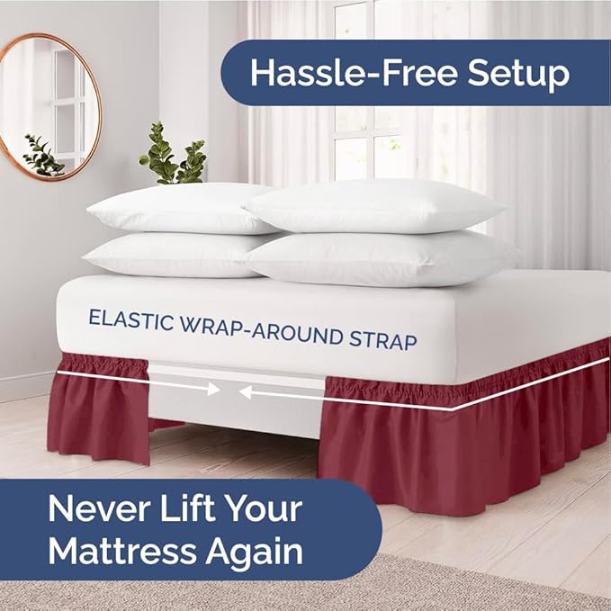 Wrap Around Dust Ruffle Bed Skirt - Burgundy - for King Size Beds with 15 Inch Drop - Easy Fit Elastic Strap - Adjustable Pleated Bedskirt w/Brushed Fabric Wrinkle Free - for Women, Men, Kids & Teens