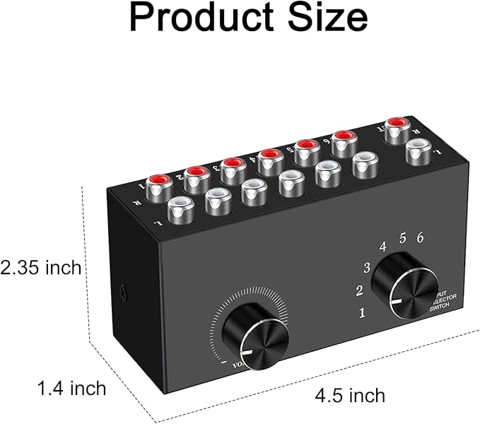 6-Way Audio Switcher, Right and Left Channel Stereo Audio Switcher, Plug & Play Compatible with TV, Blu -Ray Player, DVD Player, CD, Amplifier, Speaker (6 in-1 Out)