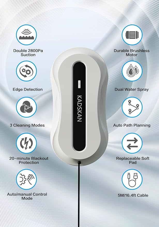 KADSKAN Window Cleaning Robot, Automatic Window Cleaner with Water Spray for Windows/Tiles/Class Door, Inside/Outside, 5600Pa Suction Power, 3.0 Path Planning, Remote Control