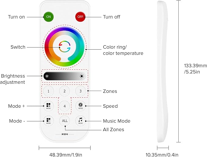 BTF-LIGHTING RB4 2.4G Wireless Touch RF Remote for FCOB SMD Chasing RGBCCT LED Strip Light 4 Zone Control Match with SP530E SP630E SP635E SP63AE SP63CE Controller