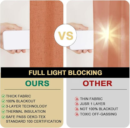 PrinceDeco 100% Absolutely Blackout Linen Curtains with Thermal Insulated White Liner Extra Long Curtains for Living Room Bedroom Noise Reducing Window Treatments Drapes,Set of 2,52 x 108 Inch,Orange
