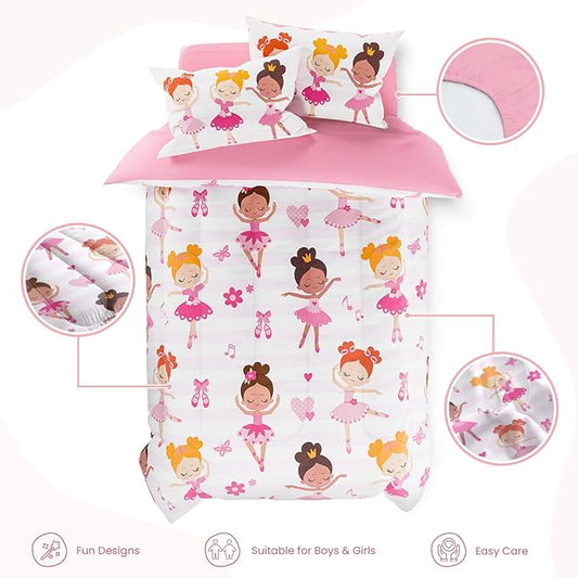 SANDJEST Ballet Full Bedding Sets for Girls, Ultra Soft Microfiber Comforter Set with 4-Pieces, Comforters Kids Bed Set for Children Teen Tween Bedroom Decor