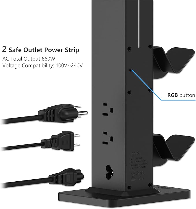 KAFRI RGB Gaming Headphone Stand with 8 Light Modes, Controller Holder for Desk - with Retractable Charger Cable - 2 Outlet Power & 4 Type-C Charging Port for PC Gamer Accessories(Black)