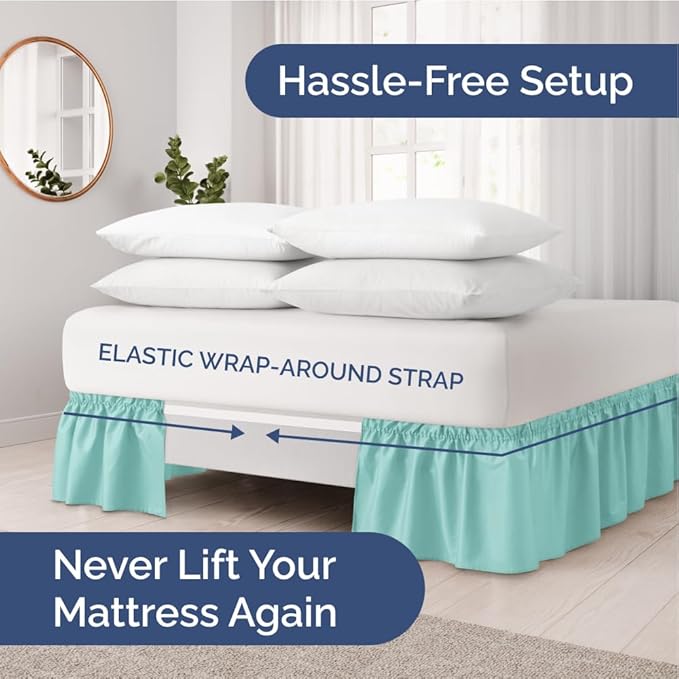 Wrap Around Dust Ruffle Bed Skirt - Spa Blue - for King Size Beds with 12 Inch Drop - Easy Fit Elastic Strap - Adjustable Pleated Bedskirt w/Brushed Fabric Wrinkle Free - for Women, Men, Kids & Teens