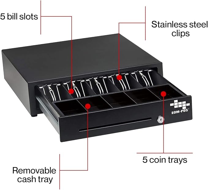 EOM-POS Heavy Duty Cash Register Drawer + Thermal Receipt Printer (80mm) + Barcode Scanner (Cordless) [Black] -for Windows Systems Only