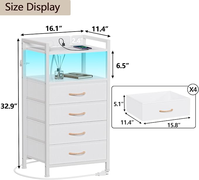 White Nightstand with Charging Station, Small Dresser - Image 3