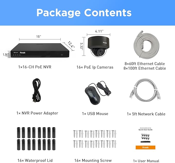 PANOOB 16 Channel Security Camera System 4K PoE, 16x 8MP IK10 Vandal Proof Dome Camera w/Smart Human Vehicle Detection, Wired IP Camera Outdoor Built-in Mic, 4K 8MP 16CH NVR 4TB HDD, PD54B1616-8M