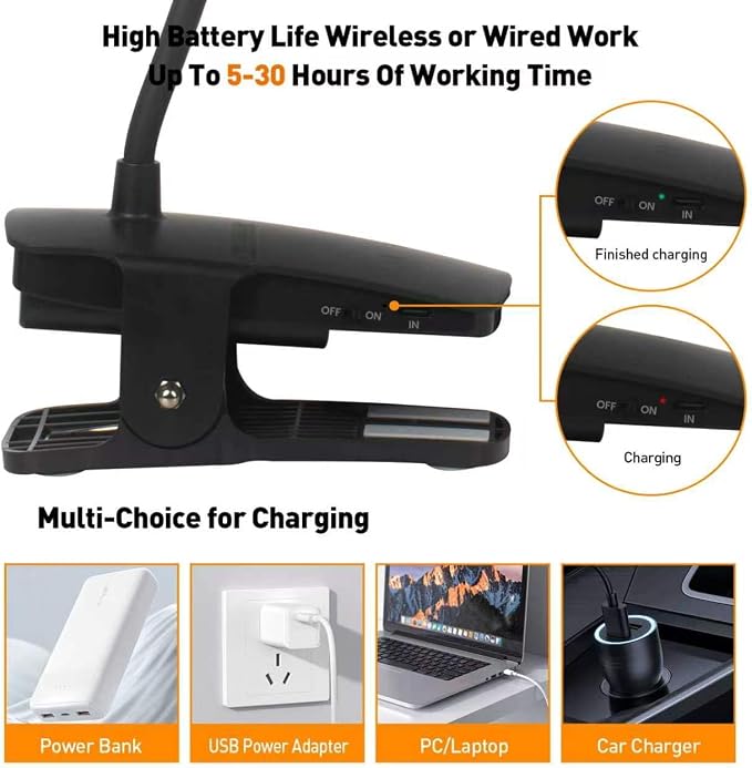 Cordless Rechargeable Clip On Desk Lamp Thick Flexible 360° Gooseneck | 450 - Image 6