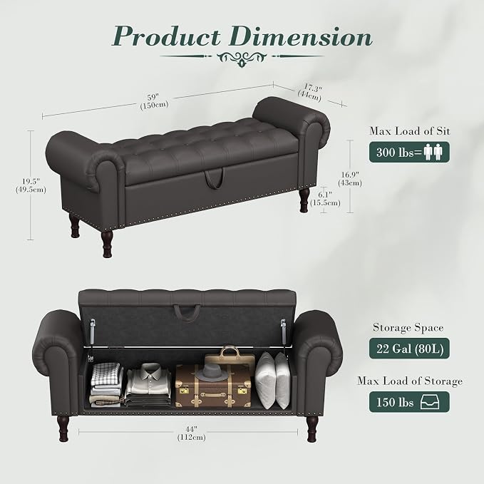 Apicizon 60" Bench with Storage, Upholstered Tufted Button Bedroom Bench with - Image 2