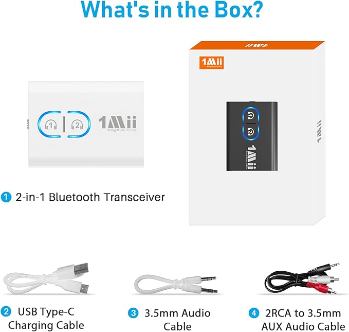 1Mii Bluetooth Transmitter Receiver for TV/Airplane to Headphones, Bluetooth 5.3 AUX/RCA Audio Adapter with aptX Adaptive/Low Latency/HD Audio, Dual Link, Wireless Receiver for Home Stereo, Boat, Gym