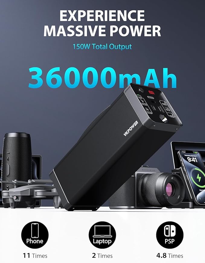 YKPOWER Portable Power Station 150W, 133.2 Wh/36000mAh Fast Charging, Portable Power Bank with 5 Outputs, AC Outlets, LED Light for Backup Home Outdoor Emergency Travel Camping RV