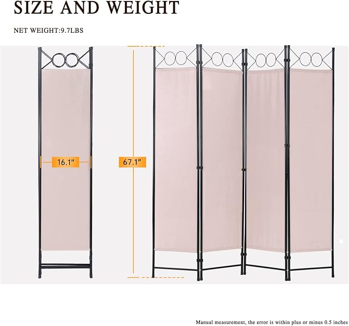 Room Divider, Folding Privacy Screen 4 Panels Portable Wall Divider Partition - Image 7