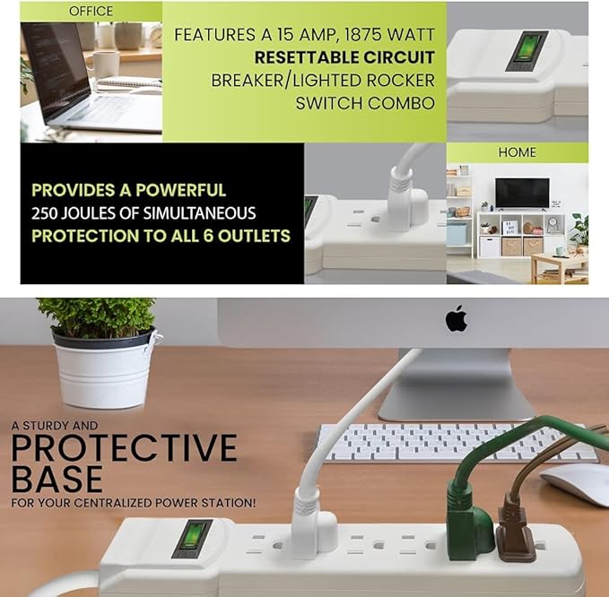 GoGreen Power Inc. (G-16106MS-2) 6 Outlet Surge Protector, 6FT Cord, White, 2 Pack