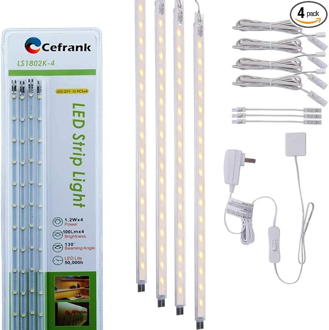 Cefrank LED Display Light Bar Kit - (4) 16" Linkable Lights - Plug in - Series + Parallel Connection - Low Profile - Soft Warm White