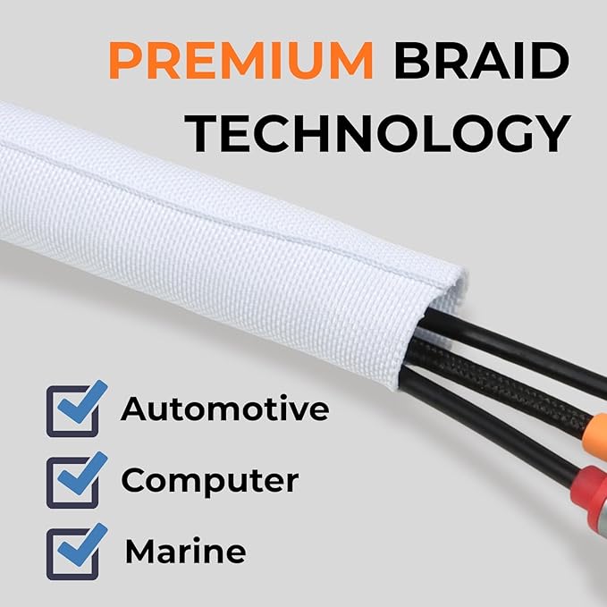 Holed 3/8 inch Split Braided Cable Management Sleeve for USB Cable Power Cord Audio Video Cable, High-Temperature Automotive Harness Wire Loom Cord Protector from Cat Dog Chewing (White, 10FT)