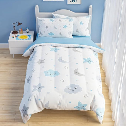SANDJEST Star and Moon Comforter Set Twin Size 68x86in for Kids Boys Girls Unisex, Microfiber 3 Pcs Bedding Set Includes 1 Comforter, 1 Pillowcase, 1 Fitted Sheet, Nursery Room Decor