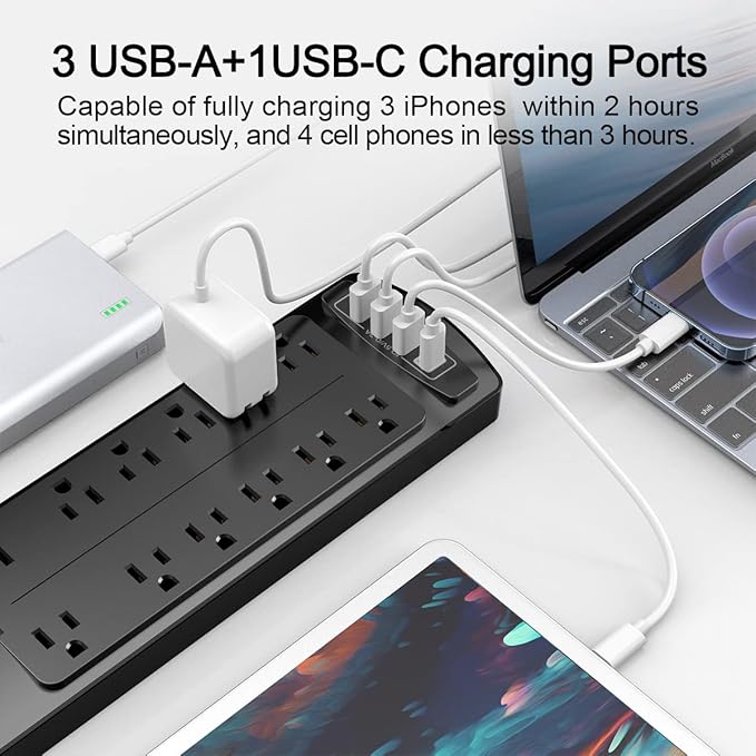 Power Strip, ALESTOR Surge Protector with 12 Outlets and 4 USB Ports(1 USB C Port), 20 Feet Extension Cord (1875W/15A), 2700 Joules, ETL Listed, Black