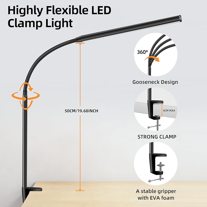 Clip on Desk Lamp with Clamp, Dimmable Eye Caring Book Reading Light - Image 4