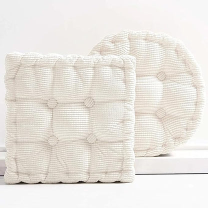 Meditation Floor Pillow Set of 2 Large Square and Round Floor Cushions for Adults White Corduroy Floor Seat Pillows Cushion for Living Room Balcony Tatami Yoga,18x18 Inch