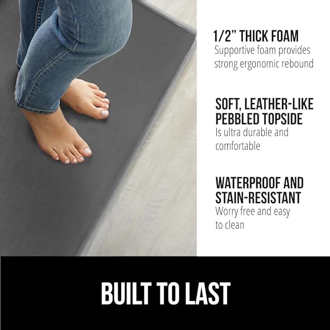 GORILLA GRIP 2 Pack Comfortable Cushioned Kitchen Mats for Floor, 17x29 + 17x59, Waterproof, Stain Resistant, 1/2 Inch Thick Soft Ergonomic Standing Desk Anti Fatigue Mat, Foam Supports Feet, Charcoal