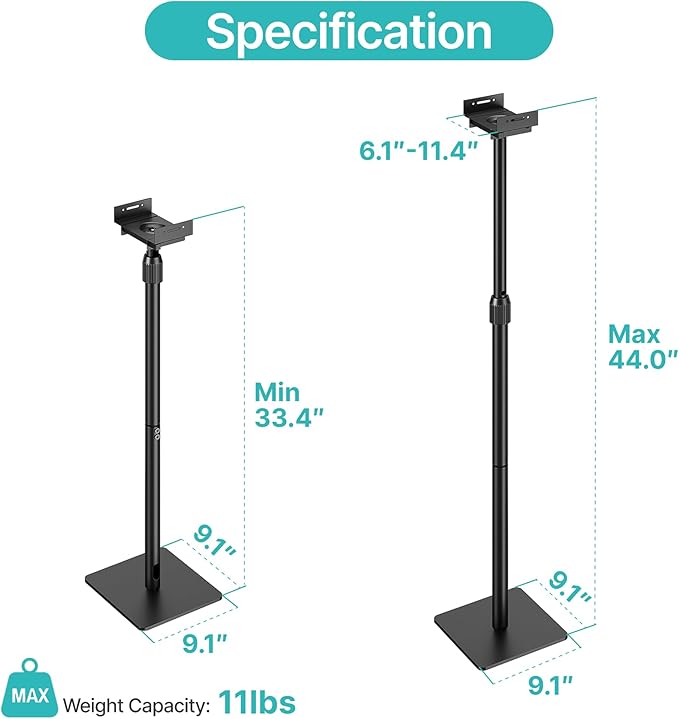Pegzone Height-Adjustable Speaker Stands Pair,11LBS Capacity,Height Adjustable from 33.4" to 44.0",Surround Sound Speaker Stands,Cable Management,Black,1 Pair